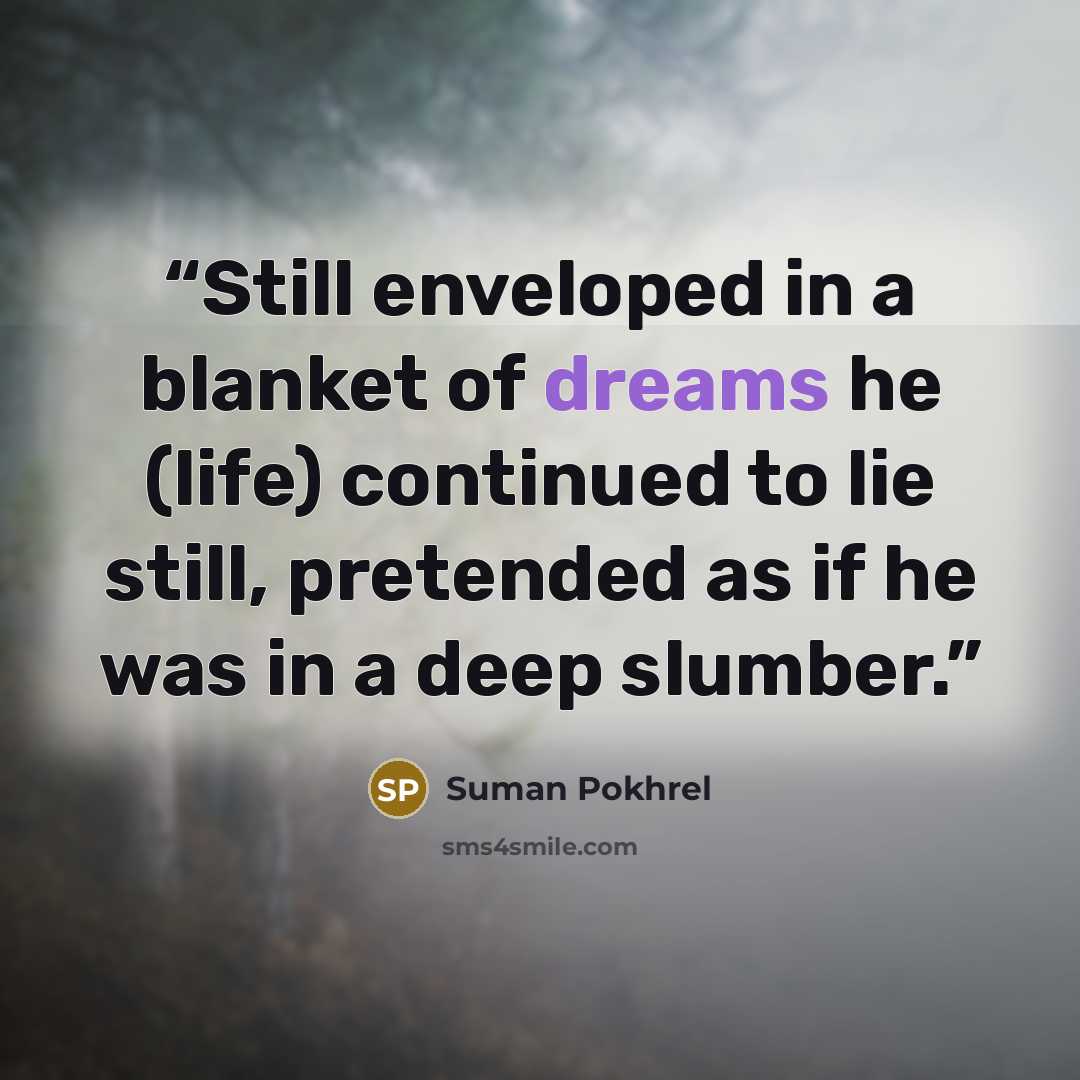 “Still enveloped in a blanket of dreams he (life) continued to lie still, pretended as if he was in a deep slumber.” quote by Suman Pokhrel