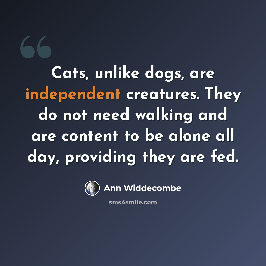 “Cats, unlike dogs, are independent creatures. They do not need walking and are content to be alone all day, providing they are fed.” quote by Ann Widdecombe