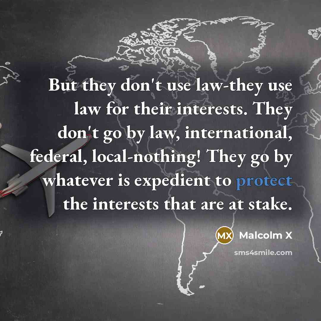 “But they don't use law-they use law for their interests. They don't go by law, international, federal, local-nothing! They go by whatever is expedient to protect the interests that are at stake.” quote by Malcolm X