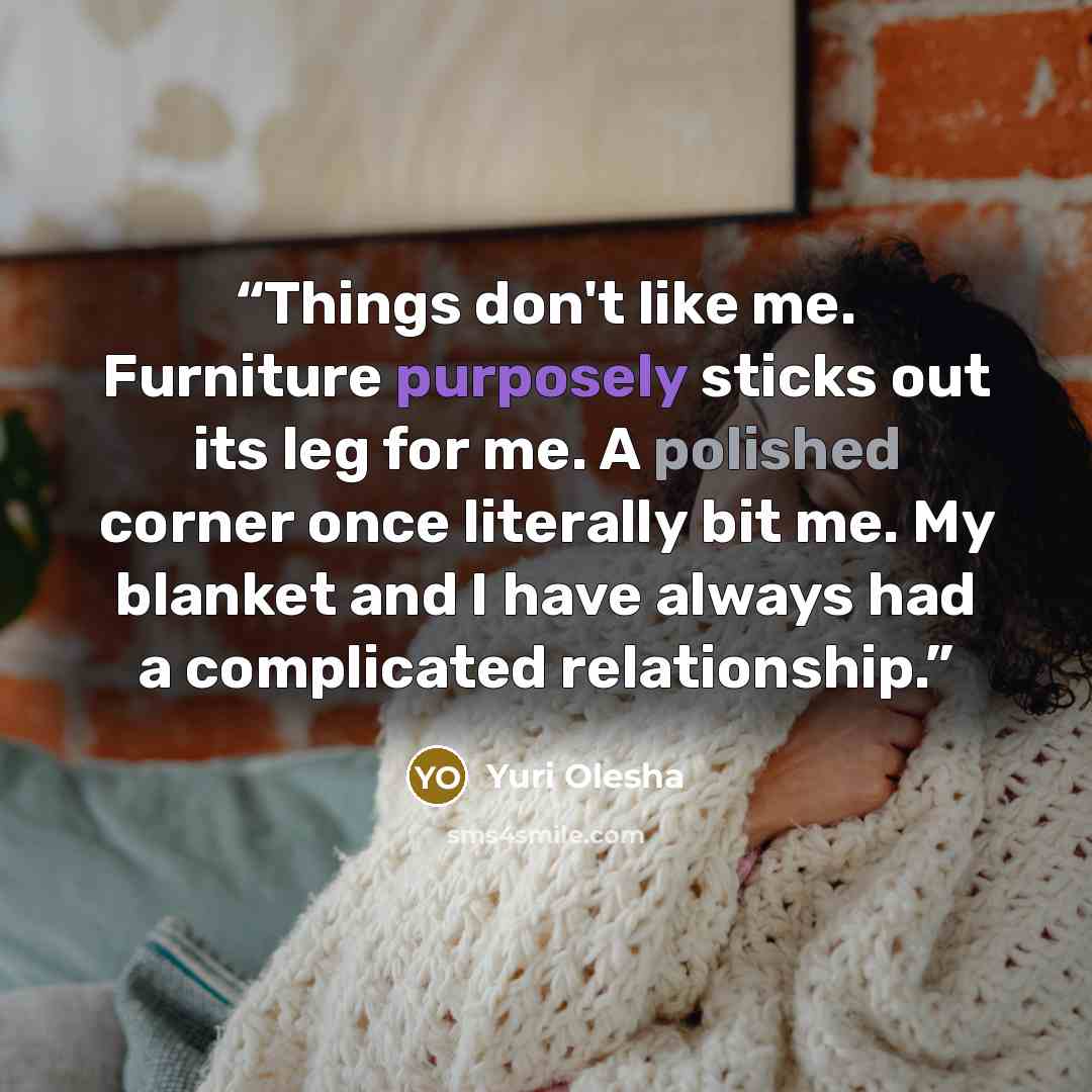 “Things don't like me. Furniture purposely sticks out its leg for me. A polished corner once literally bit me. My blanket and I have always had a complicated relationship.” quote by Yuri Olesha