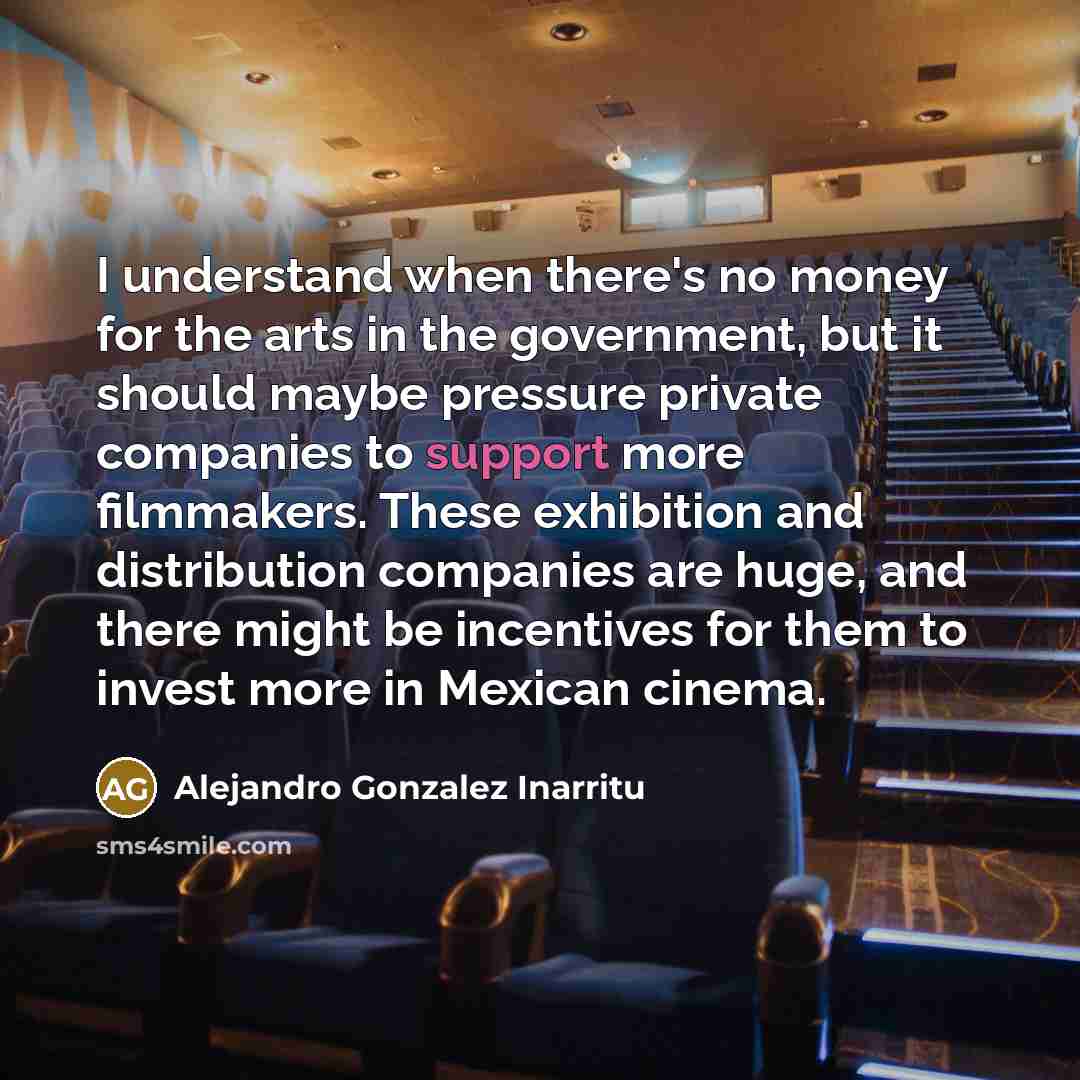 “I understand when there's no money for the arts in the government, but it should maybe pressure private companies to support more filmmakers. These exhibition and distribution companies are huge, and there might be incentives for them to invest more in Mexican cinema.” quote by Alejandro Gonzalez Inarritu