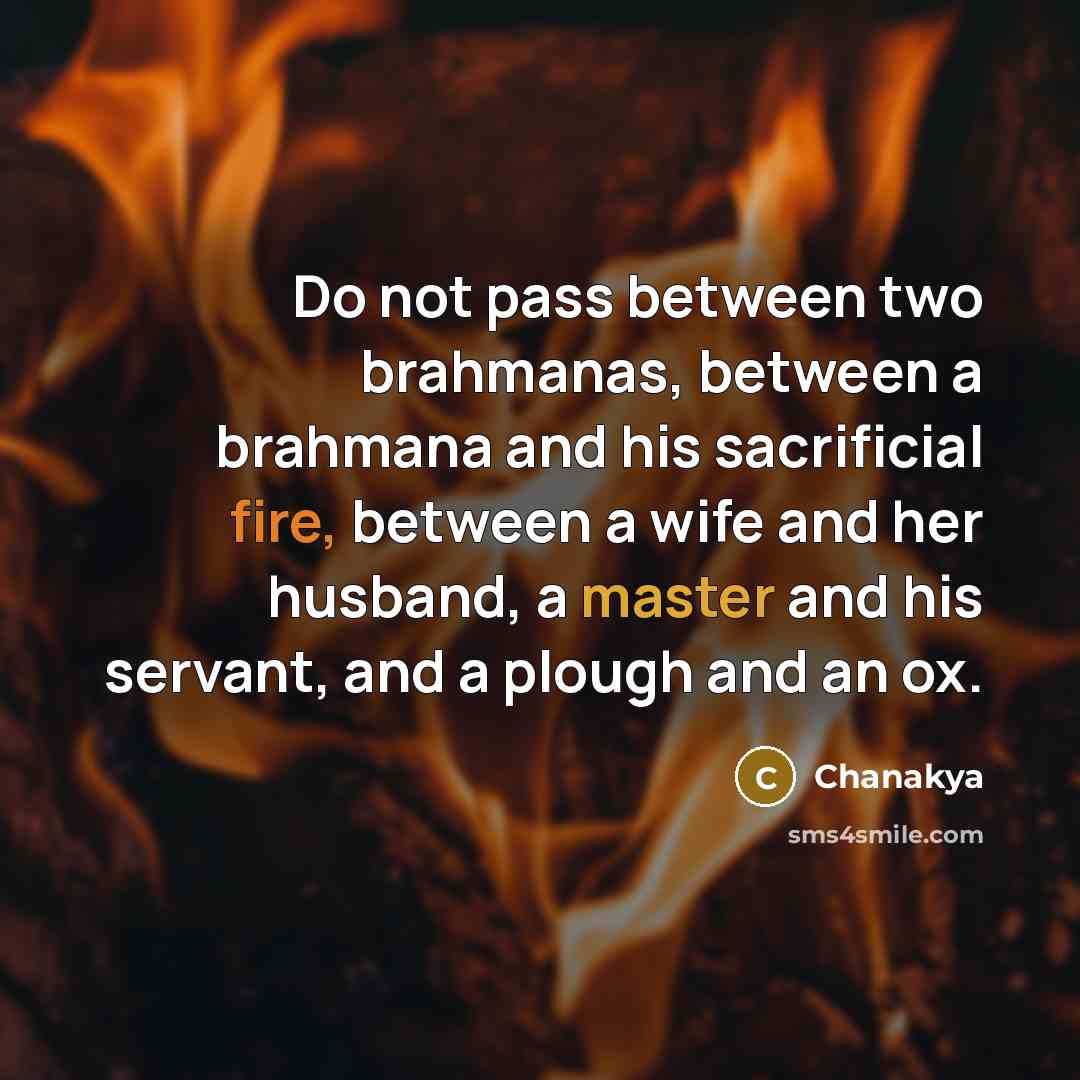 “Do not pass between two brahmanas, between a brahmana and his sacrificial fire, between a wife and her husband, a master and his servant, and a plough and an ox.” quote by Chanakya