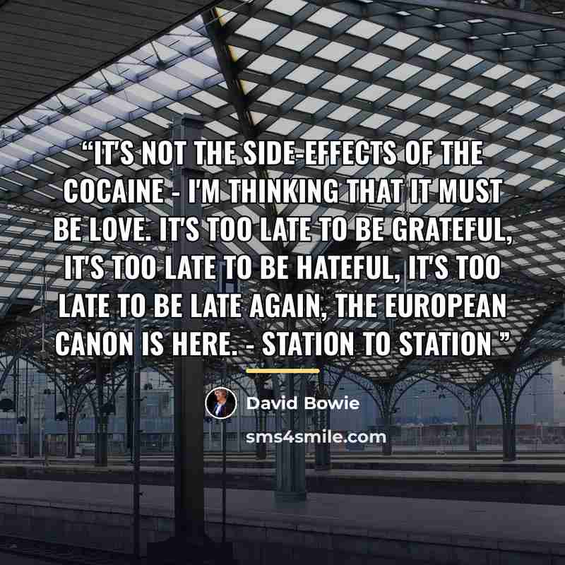 “It's not the side-effects of the cocaine - I'm thinking that it must be love. It's too late to be grateful, It's too late to be hateful, It's too late to be late again, The European canon is here. - Station to Station” quote by David Bowie