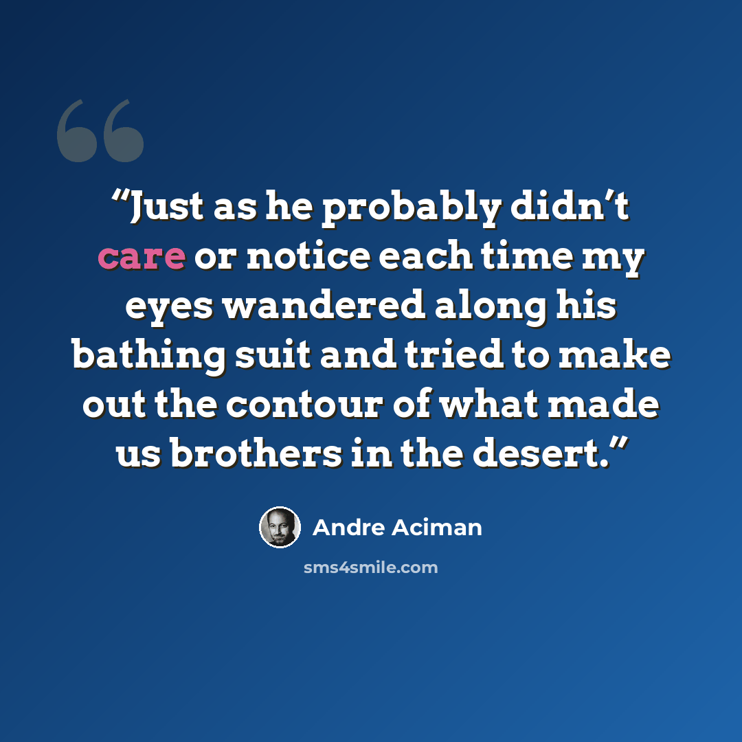 “Just as he probably didn’t care or notice each time my eyes wandered along his bathing suit and tried to make out the contour of what made us brothers in the desert.” quote by André Aciman