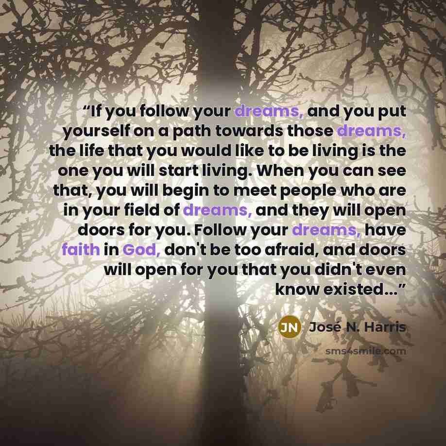 “If you follow your dreams, and you put yourself on a path towards those dreams, the life that you would like to be living is the one you will start living. When you can see that, you will begin to meet people who are in your field of dreams, and they will open doors for you. Follow your dreams…” quote by José N. Harris