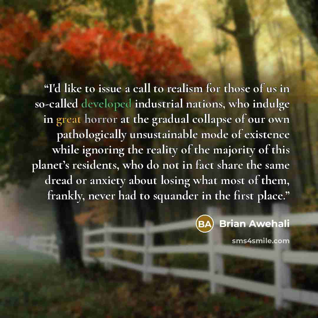 “I'd like to issue a call to realism for those of us in so-called developed industrial nations, who indulge in great horror at the gradual collapse of our own pathologically unsustainable mode of existence while ignoring the reality of the majority of this planet’s residents, who do not in fact…” quote by Brian Awehali