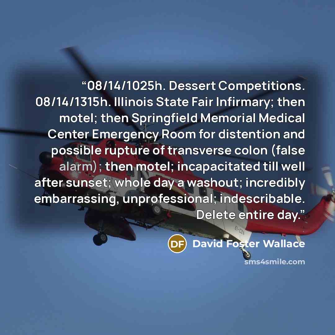 “08/14/1025h. Dessert Competitions. 08/14/1315h. Illinois State Fair Infirmary; then motel; then Springfield Memorial Medical Center Emergency Room for distention and possible rupture of transverse colon (false alarm); then motel; incapacitated till well after sunset; whole day a washout…” quote by David Foster Wallace