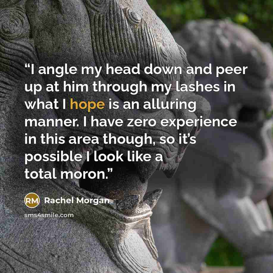 “I angle my head down and peer up at him through my lashes in what I hope is an alluring manner. I have zero experience in this area though, so it’s possible I look like a total moron.” quote by Rachel Morgan