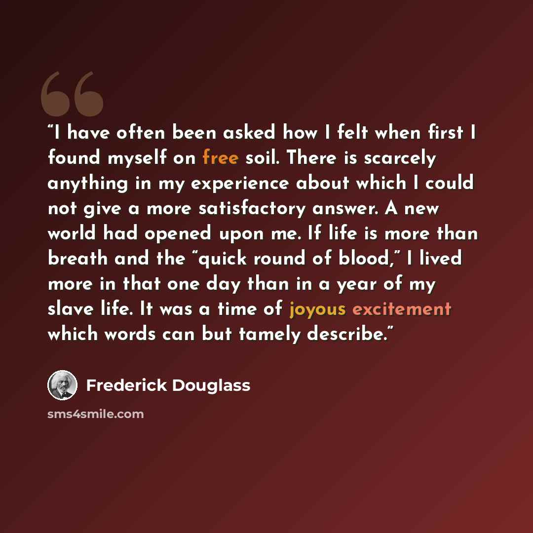 “I have often been asked how I felt when first I found myself on free soil. There is scarcely anything in my experience about which I could not give a more satisfactory answer. A new world had opened upon me. If life is more than breath and the “quick round of blood,” I lived more in that one day…” quote by Frederick Douglass