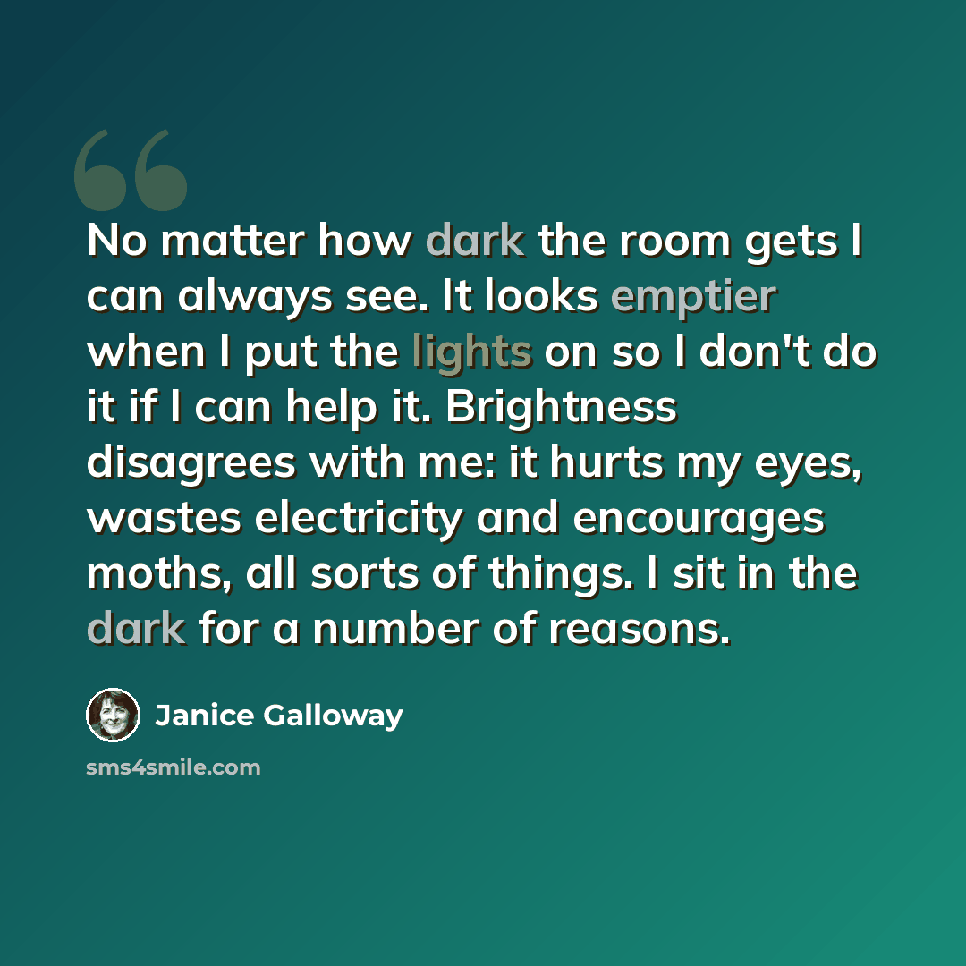 “No matter how dark the room gets I can always see. It looks emptier when I put the lights on so I don't do it if I can help it. Brightness disagrees with me: it hurts my eyes, wastes electricity and encourages moths, all sorts of things. I sit in the dark for a number of reasons.” quote by Janice Galloway