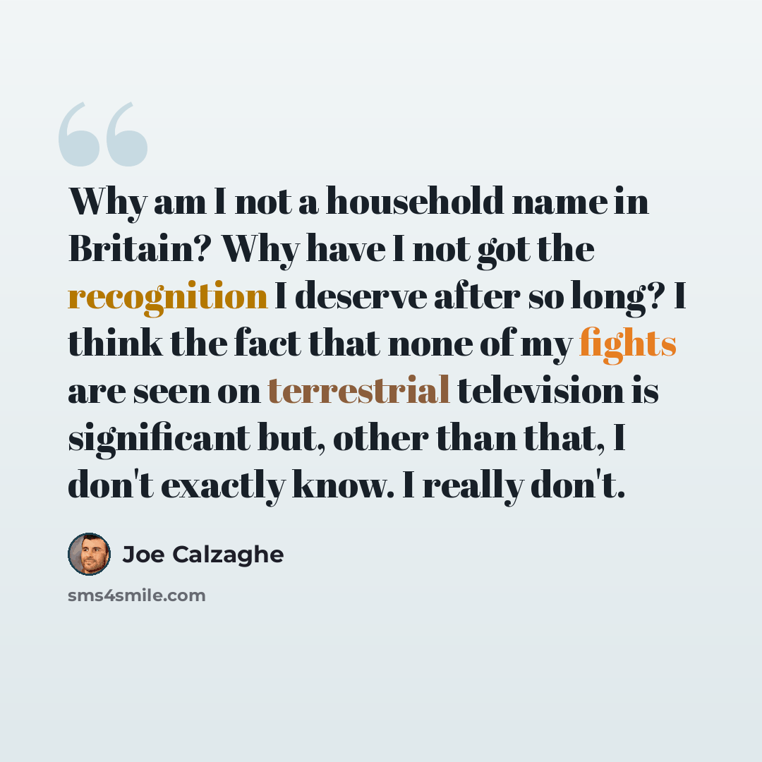 “Why am I not a household name in Britain? Why have I not got the recognition I deserve after so long? I think the fact that none of my fights are seen on terrestrial television is significant but, other than that, I don't exactly know. I really don't.” quote by Joe Calzaghe