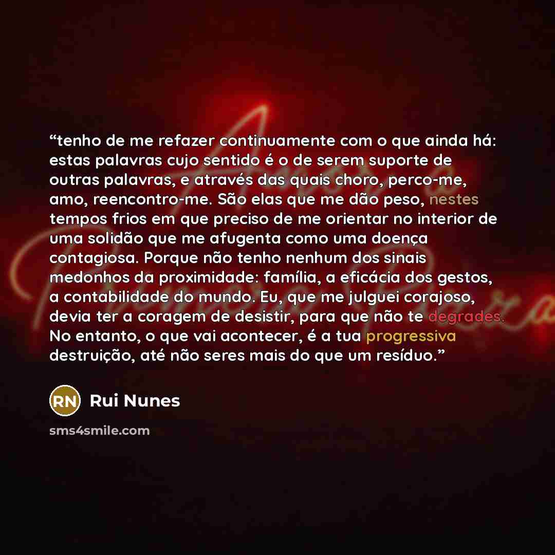 “tenho de me refazer continuamente com o que ainda há: estas palavras cujo sentido é o de serem suporte de outras palavras, e através das quais choro, perco-me, amo, reencontro-me. São elas que me dão peso, nestes tempos frios em que preciso de me orientar no interior de uma solidão que me afugenta…” quote by Rui Nunes
