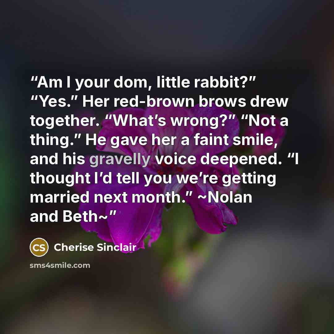 “Am I your dom, little rabbit?” “Yes.” Her red-brown brows drew together. “What’s wrong?” “Not a thing.” He gave her a faint smile, and his gravelly voice deepened. “I thought I’d tell you we’re getting married next month.” ~Nolan and Beth~” quote by Cherise Sinclair