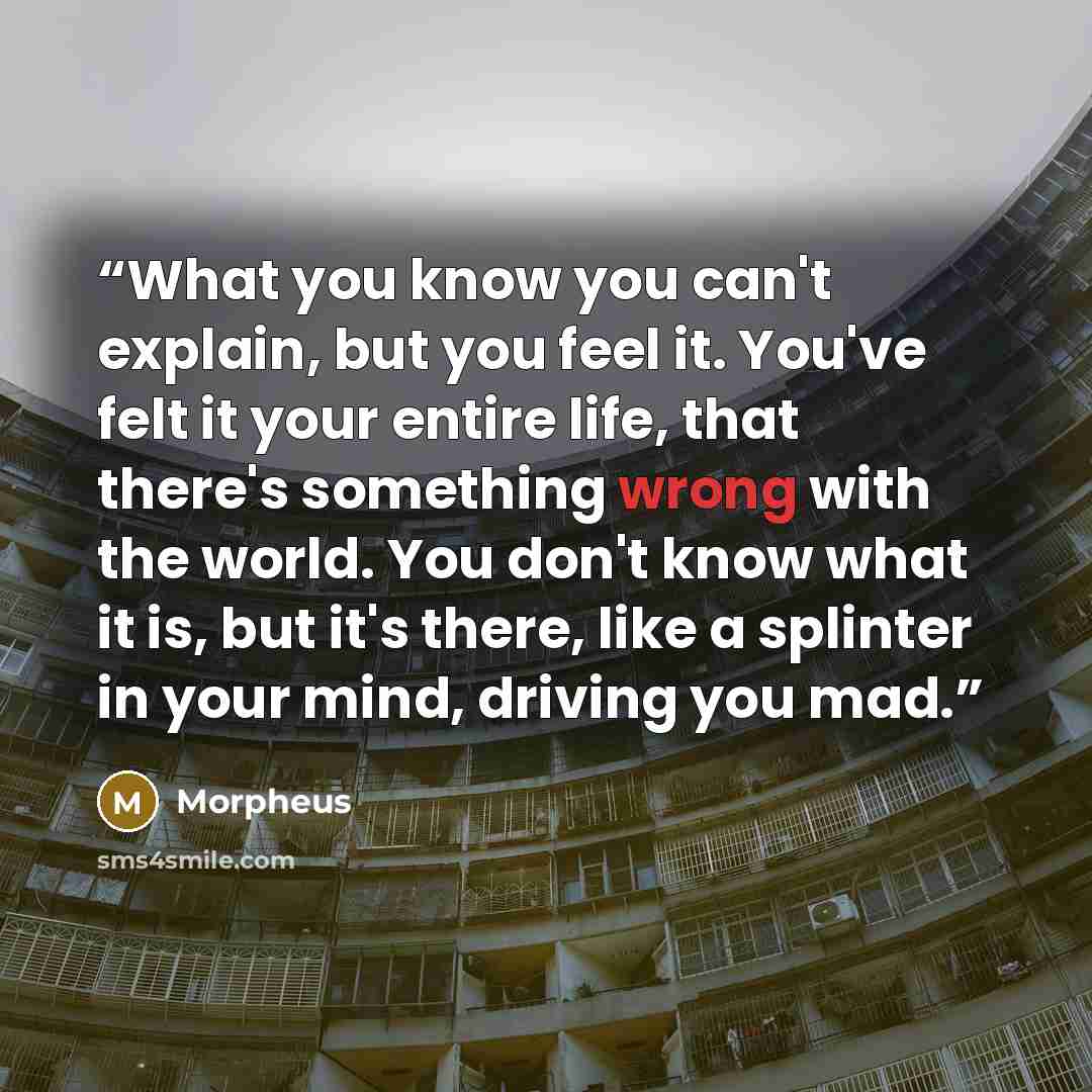 “What you know you can't explain, but you feel it. You've felt it your entire life, that there's something wrong with the world. You don't know what it is, but it's there, like a splinter in your mind, driving you mad.” quote by Morpheus