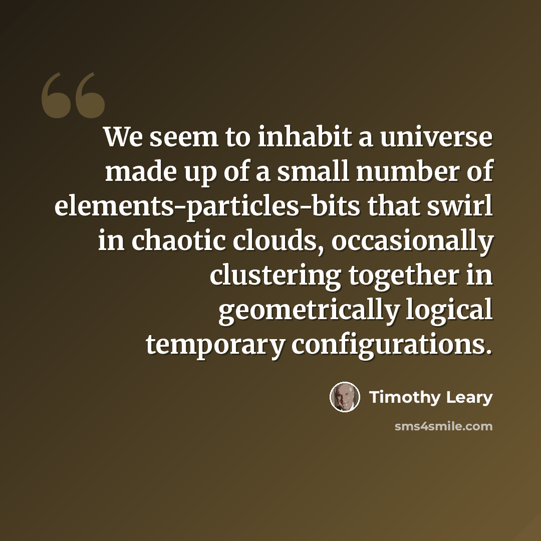 “We seem to inhabit a universe made up of a small number of elements-particles-bits that swirl in chaotic clouds, occasionally clustering together in geometrically logical temporary configurations.” quote by Timothy Leary