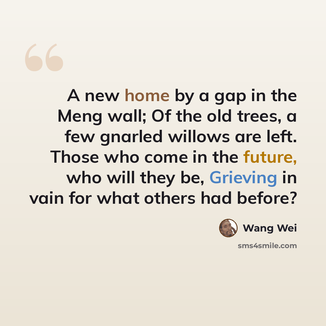 “A new home by a gap in the Meng wall; Of the old trees, a few gnarled willows are left. Those who come in the future, who will they be, Grieving in vain for what others had before?” quote by Wang Wei