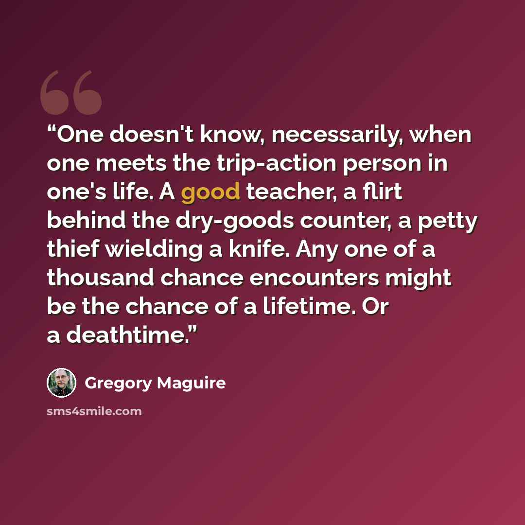 “One doesn't know, necessarily, when one meets the trip-action person in one's life. A good teacher, a flirt behind the dry-goods counter, a petty thief wielding a knife. Any one of a thousand chance encounters might be the chance of a lifetime. Or a deathtime.” quote by Gregory Maguire