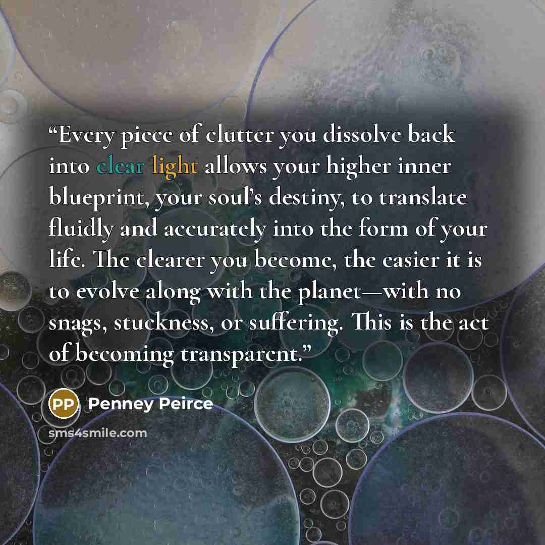 “Every piece of clutter you dissolve back into clear light allows your higher inner blueprint, your soul’s destiny, to translate fluidly and accurately into the form of your life. The clearer you become, the easier it is to evolve along with the planet—with no snags, stuckness, or suffering. This…” quote by Penney Peirce