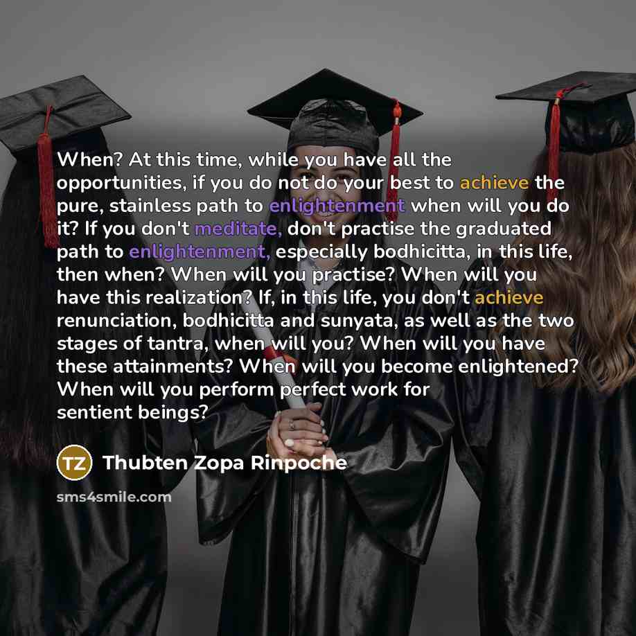 “When? At this time, while you have all the opportunities, if you do not do your best to achieve the pure, stainless path to enlightenment when will you do it? If you don't meditate, don't practise the graduated path to enlightenment, especially bodhicitta, in this life, then when? When will you…” quote by Thubten Zopa Rinpoche