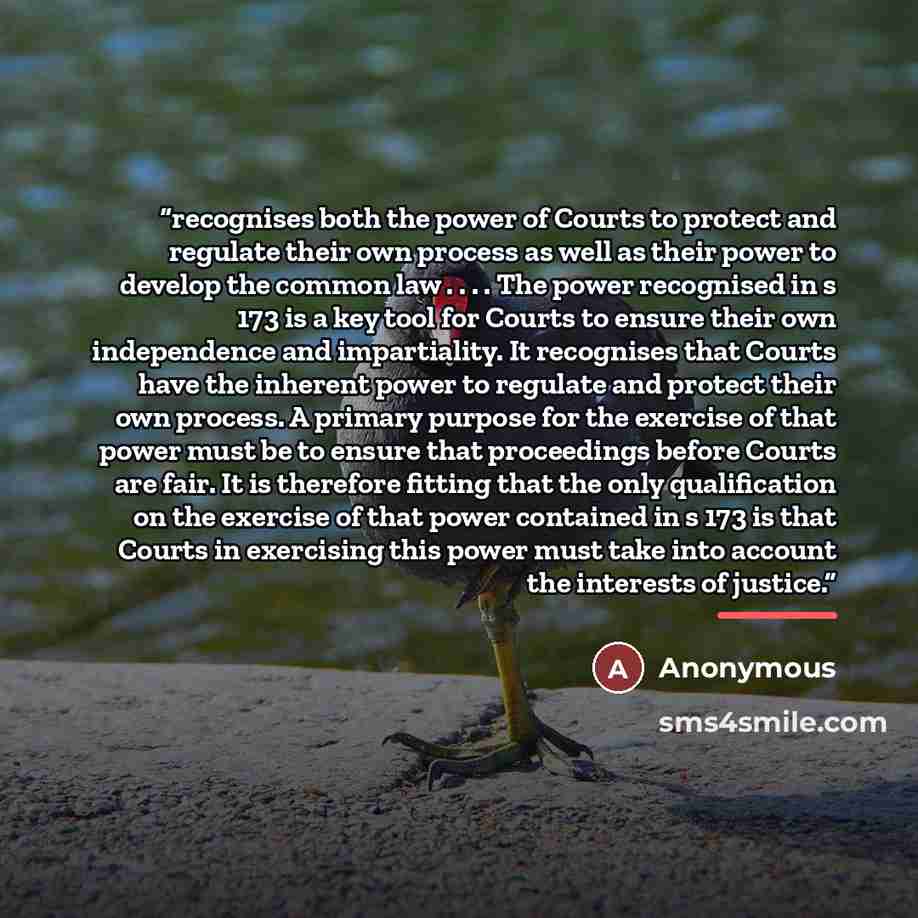 “recognises both the power of Courts to protect and regulate their own process as well as their power to develop the common law . . . . The power recognised in s 173 is a key tool for Courts to ensure their own independence and impartiality. It recognises that Courts have the inherent power to…” quote by Anonymous