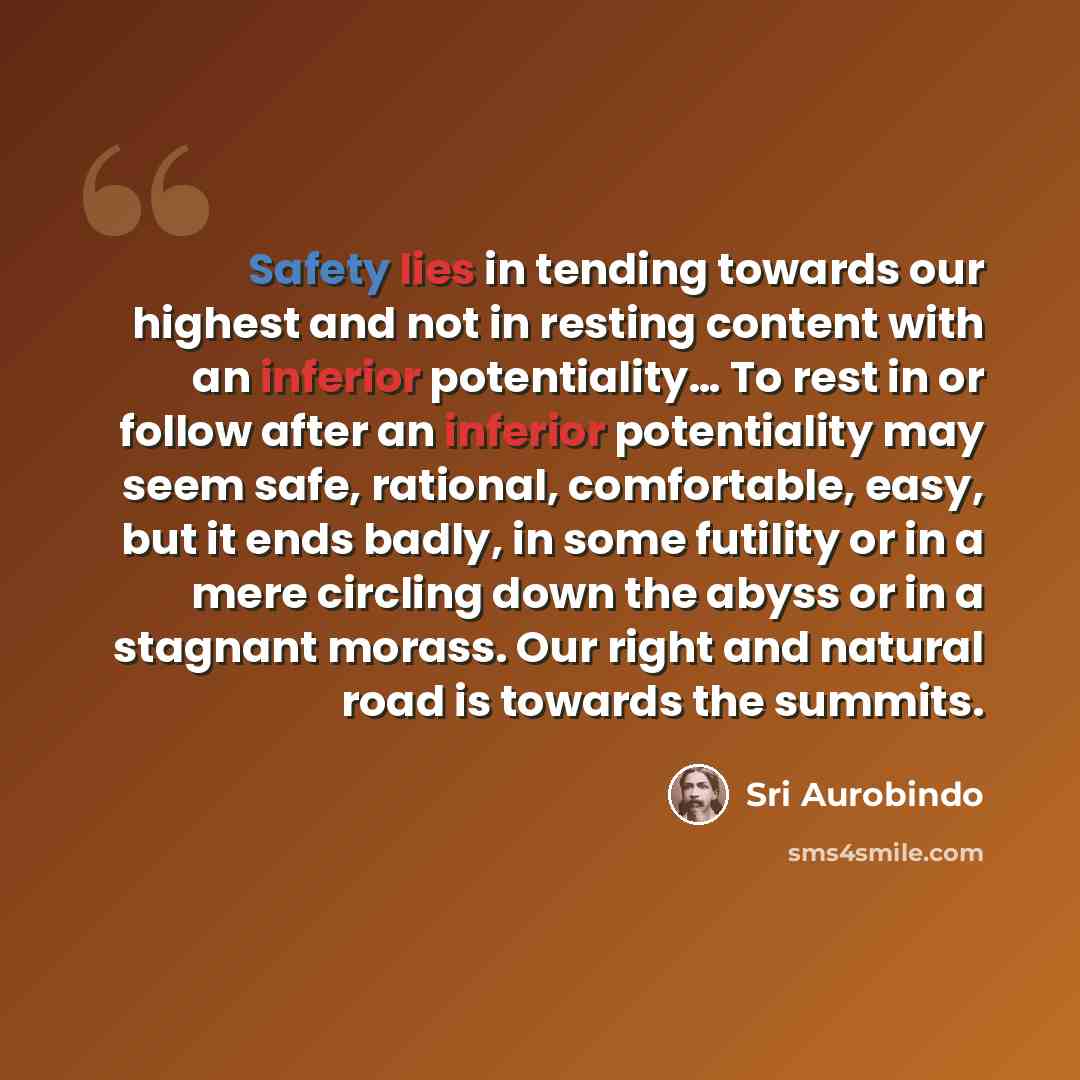 “Safety lies in tending towards our highest and not in resting content with an inferior potentiality… To rest in or follow after an inferior potentiality may seem safe, rational, comfortable, easy, but it ends badly, in some futility or in a mere circling down the abyss or in a stagnant morass. Our…” quote by Sri Aurobindo
