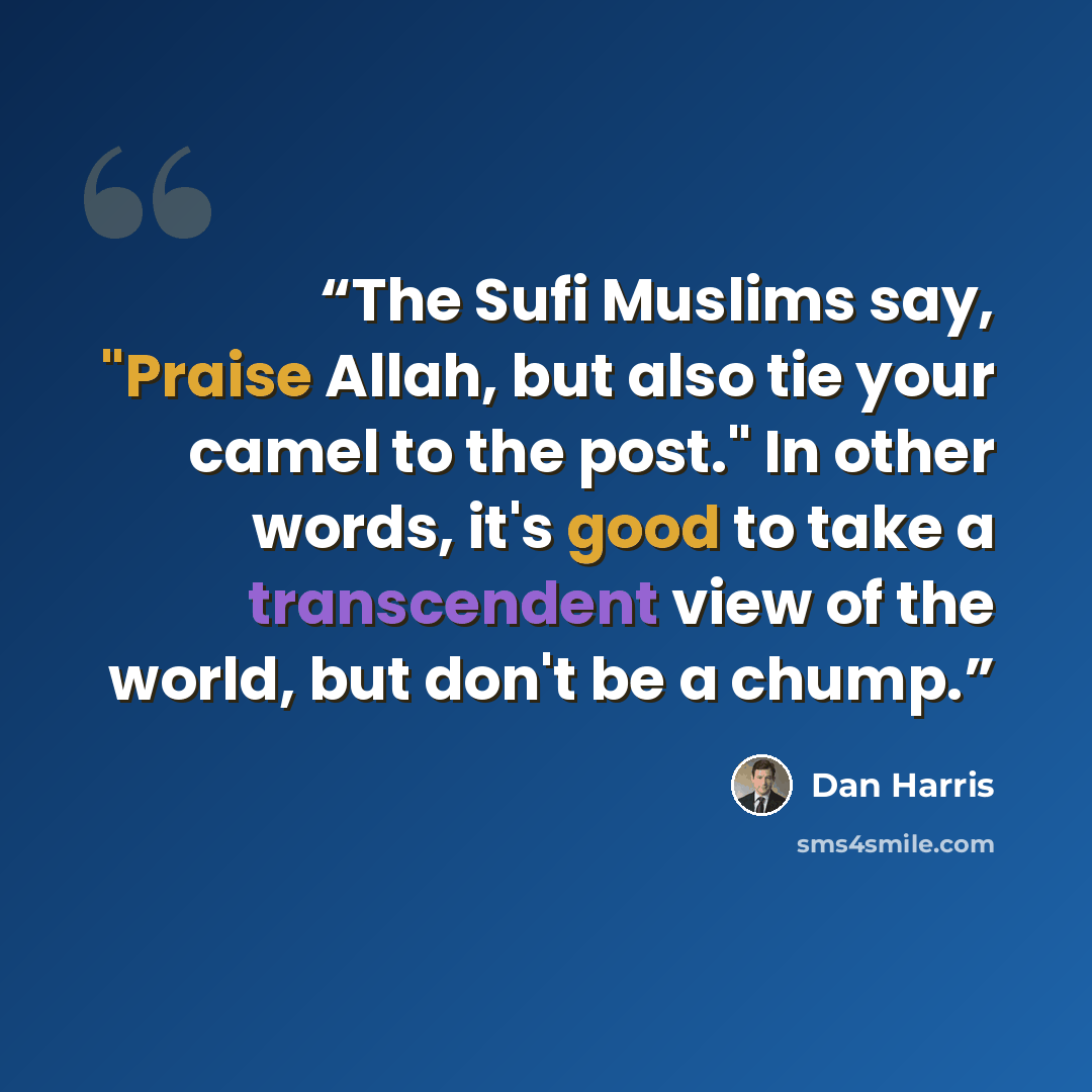 “The Sufi Muslims say, "Praise Allah, but also tie your camel to the post." In other words, it's good to take a transcendent view of the world, but don't be a chump.” quote by Dan Harris