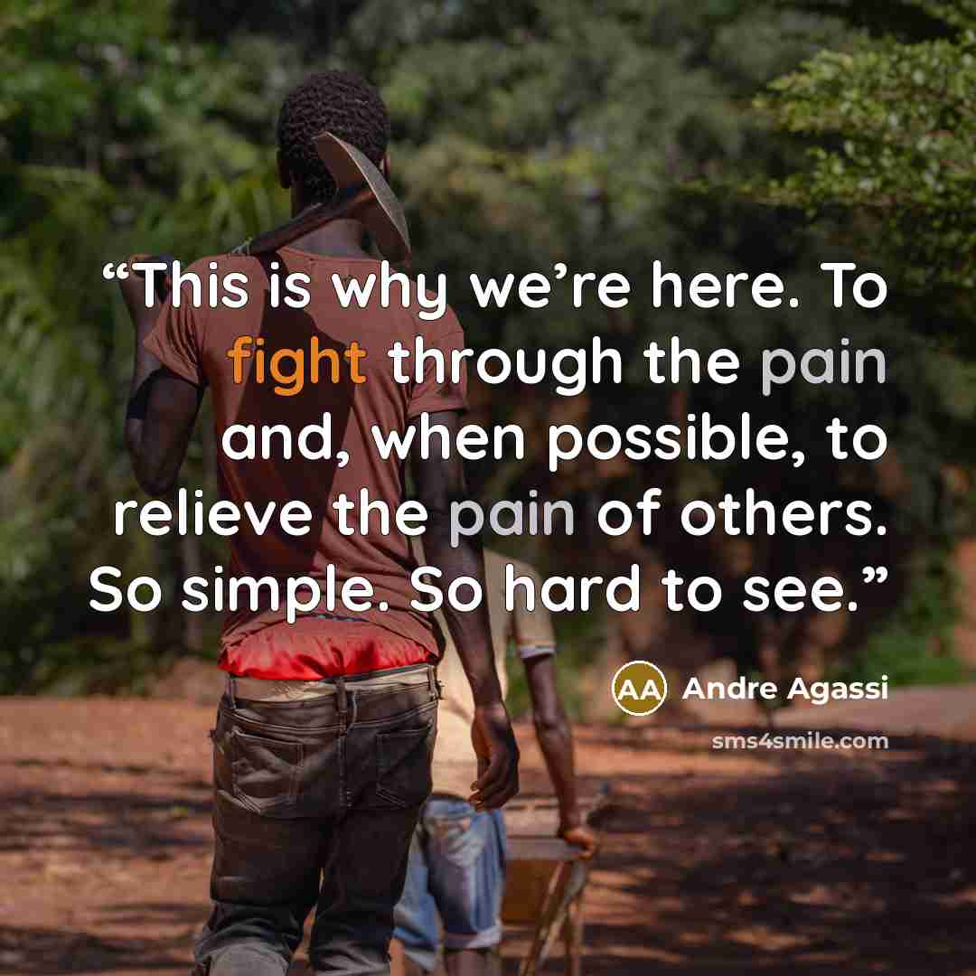 “This is why we’re here. To fight through the pain and, when possible, to relieve the pain of others. So simple. So hard to see.” quote by Andre Agassi