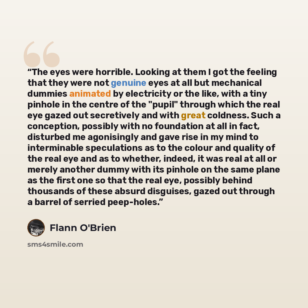 “The eyes were horrible. Looking at them I got the feeling that they were not genuine eyes at all but mechanical dummies animated by electricity or the like, with a tiny pinhole in the centre of the "pupil" through which the real eye gazed out secretively and with great coldness. Such a conception…” quote by Flann O'Brien