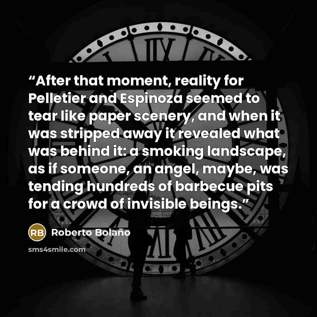 “After that moment, reality for Pelletier and Espinoza seemed to tear like paper scenery, and when it was stripped away it revealed what was behind it: a smoking landscape, as if someone, an angel, maybe, was tending hundreds of barbecue pits for a crowd of invisible beings.” quote by Roberto Bolaño