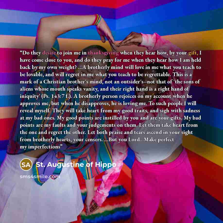 “Do they desire to join me in thanksgiving when they hear how, by your gift, I have come close to you, and do they pray for me when they hear how I am held back by my own weight? ...A brotherly mind will love in me what you teach to be lovable, and will regret in me what you teach to be…” quote by St. Augustine of Hippo