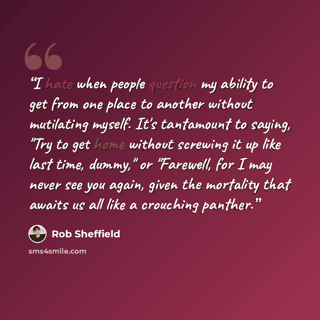 “I hate when people question my ability to get from one place to another without mutilating myself. It's tantamount to saying, "Try to get home without screwing it up like last time, dummy," or "Farewell, for I may never see you again, given the mortality that awaits us all like a crouching panther.” quote by Rob Sheffield