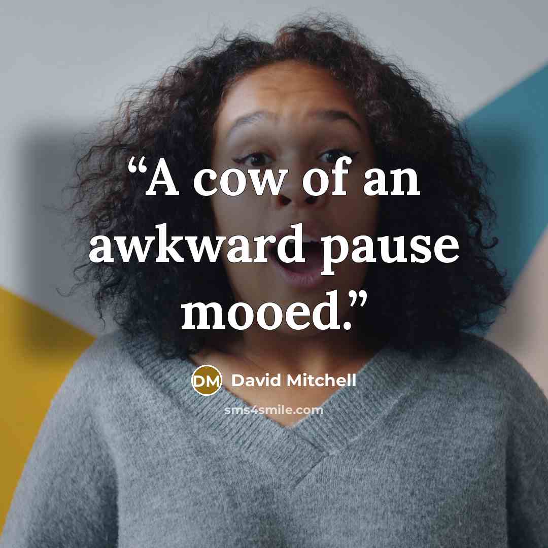 “A cow of an awkward pause mooed.” quote by David Mitchell