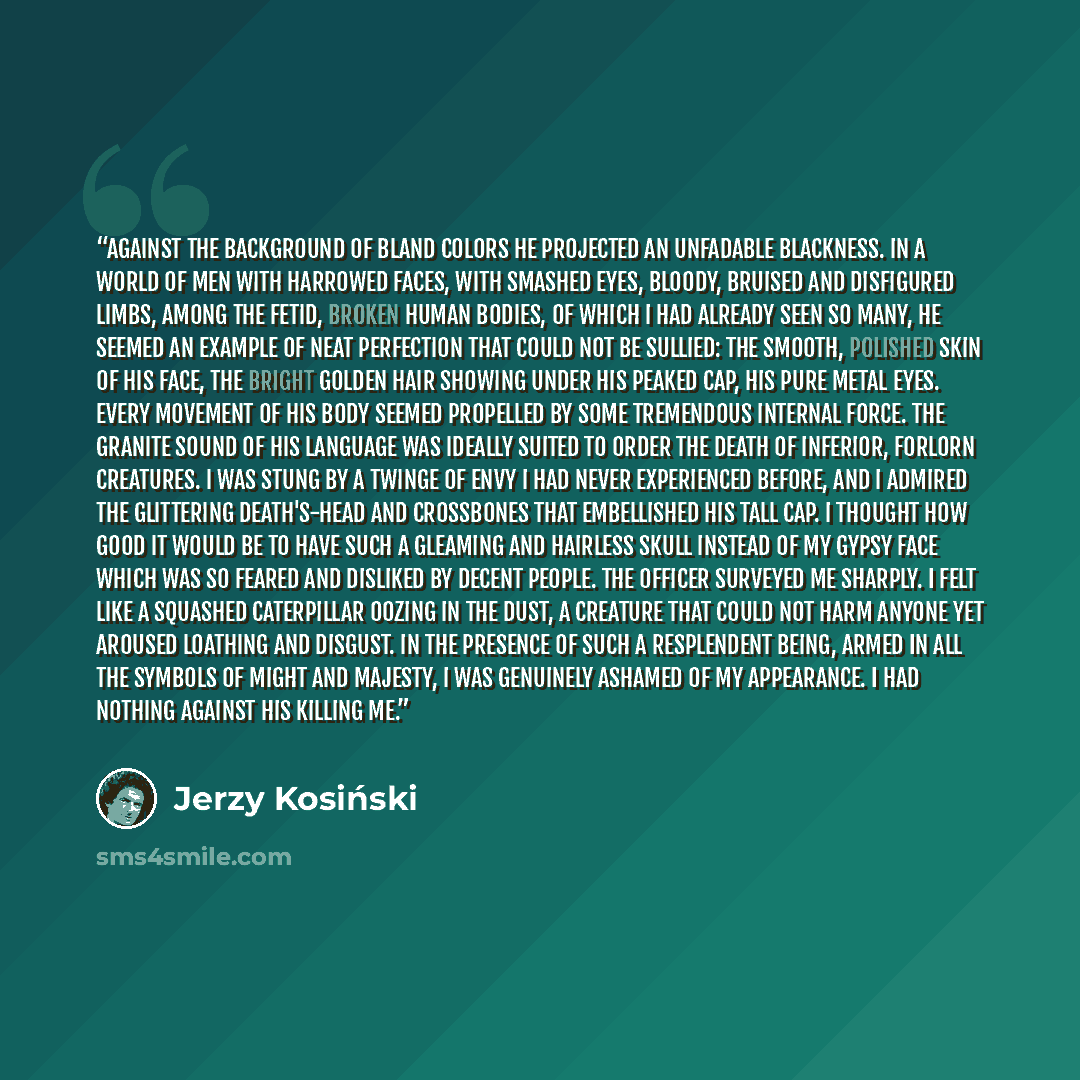 “Against the background of bland colors he projected an unfadable blackness. In a world of men with harrowed faces, with smashed eyes, bloody, bruised and disfigured limbs, among the fetid, broken human bodies, of which I had already seen so many, he seemed an example of neat perfection that could…” quote by Jerzy Kosinski