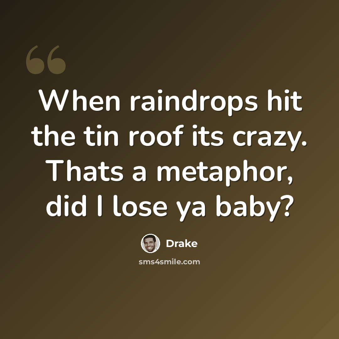 “When raindrops hit the tin roof its crazy. Thats a metaphor, did I lose ya baby?” quote by Drake