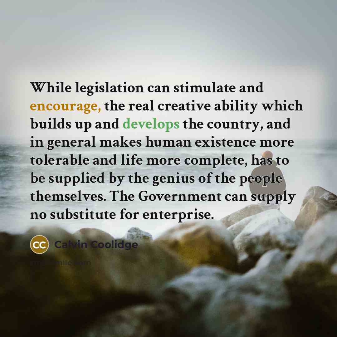 “While legislation can stimulate and encourage, the real creative ability which builds up and develops the country, and in general makes human existence more tolerable and life more complete, has to be supplied by the genius of the people themselves. The Government can supply no substitute for…” quote by Calvin Coolidge