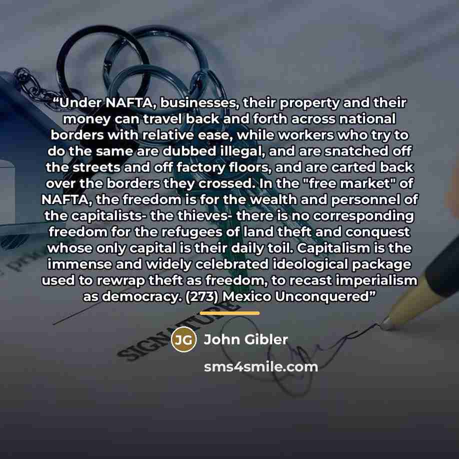 “Under NAFTA, businesses, their property and their money can travel back and forth across national borders with relative ease, while workers who try to do the same are dubbed illegal, and are snatched off the streets and off factory floors, and are carted back over the borders they crossed. In the…” quote by John Gibler