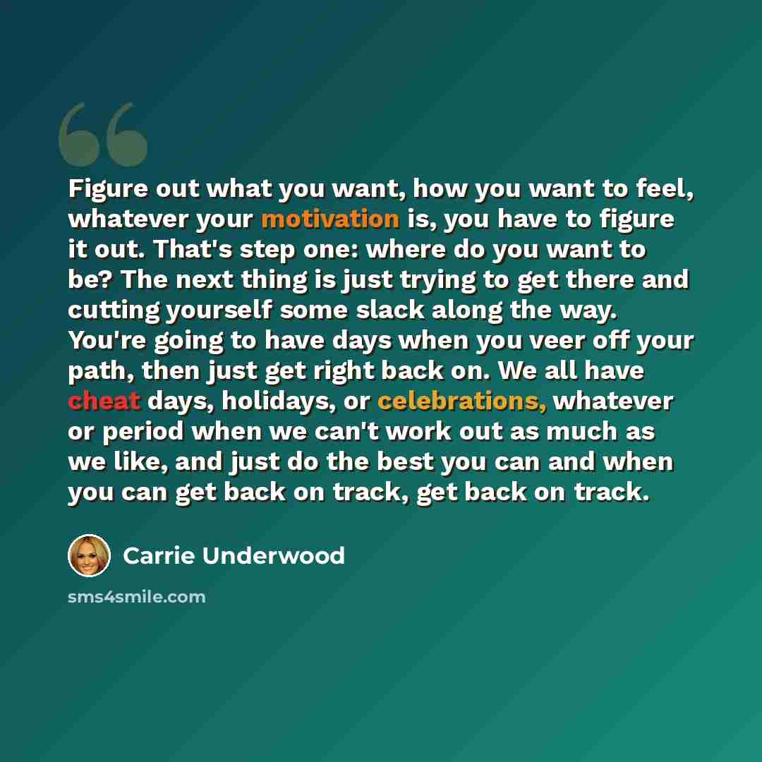 “Figure out what you want, how you want to feel, whatever your motivation is, you have to figure it out. That's step one: where do you want to be? The next thing is just trying to get there and cutting yourself some slack along the way. You're going to have days when you veer off your path, then…” quote by Carrie Underwood