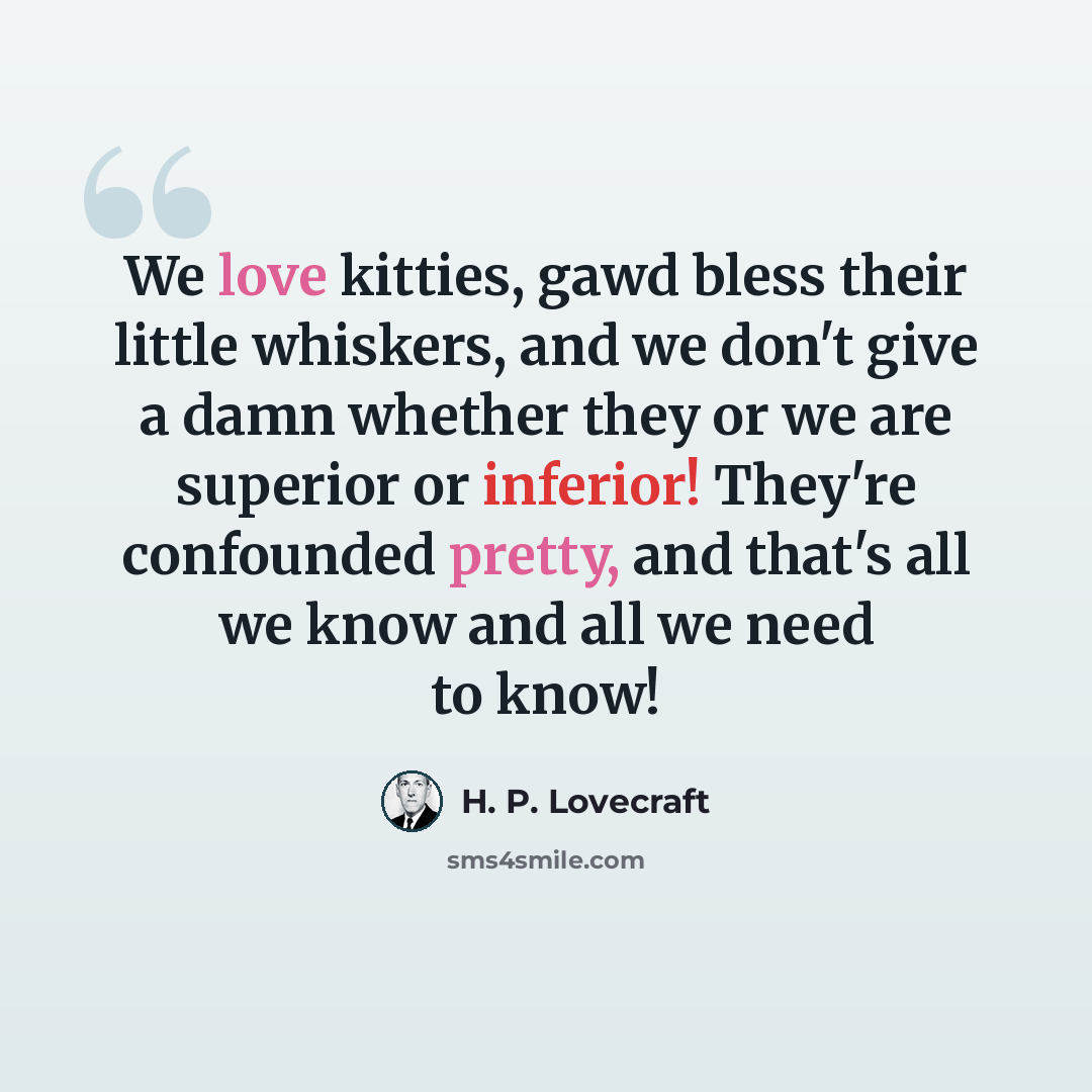 “We love kitties, gawd bless their little whiskers, and we don't give a damn whether they or we are superior or inferior! They're confounded pretty, and that's all we know and all we need to know!” quote by H. P. Lovecraft