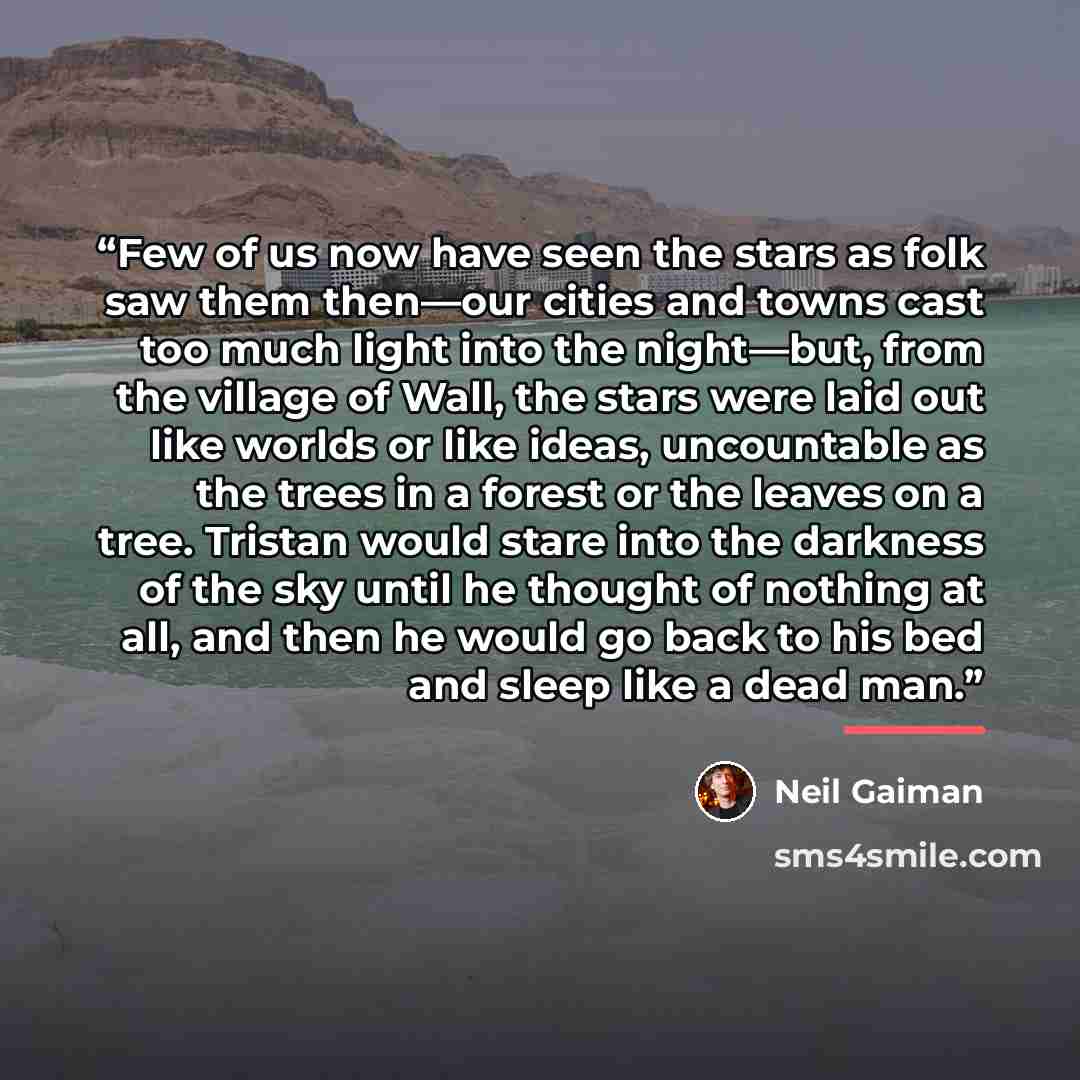 “Few of us now have seen the stars as folk saw them then—our cities and towns cast too much light into the night—but, from the village of Wall, the stars were laid out like worlds or like ideas, uncountable as the trees in a forest or the leaves on a tree. Tristan would stare into the darkness of…” quote by Neil Gaiman