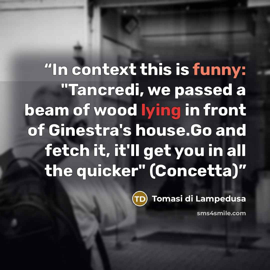 “In context this is funny: "Tancredi, we passed a beam of wood lying in front of Ginestra's house.Go and fetch it, it'll get you in all the quicker" (Concetta)” quote by Tomasi di Lampedusa
