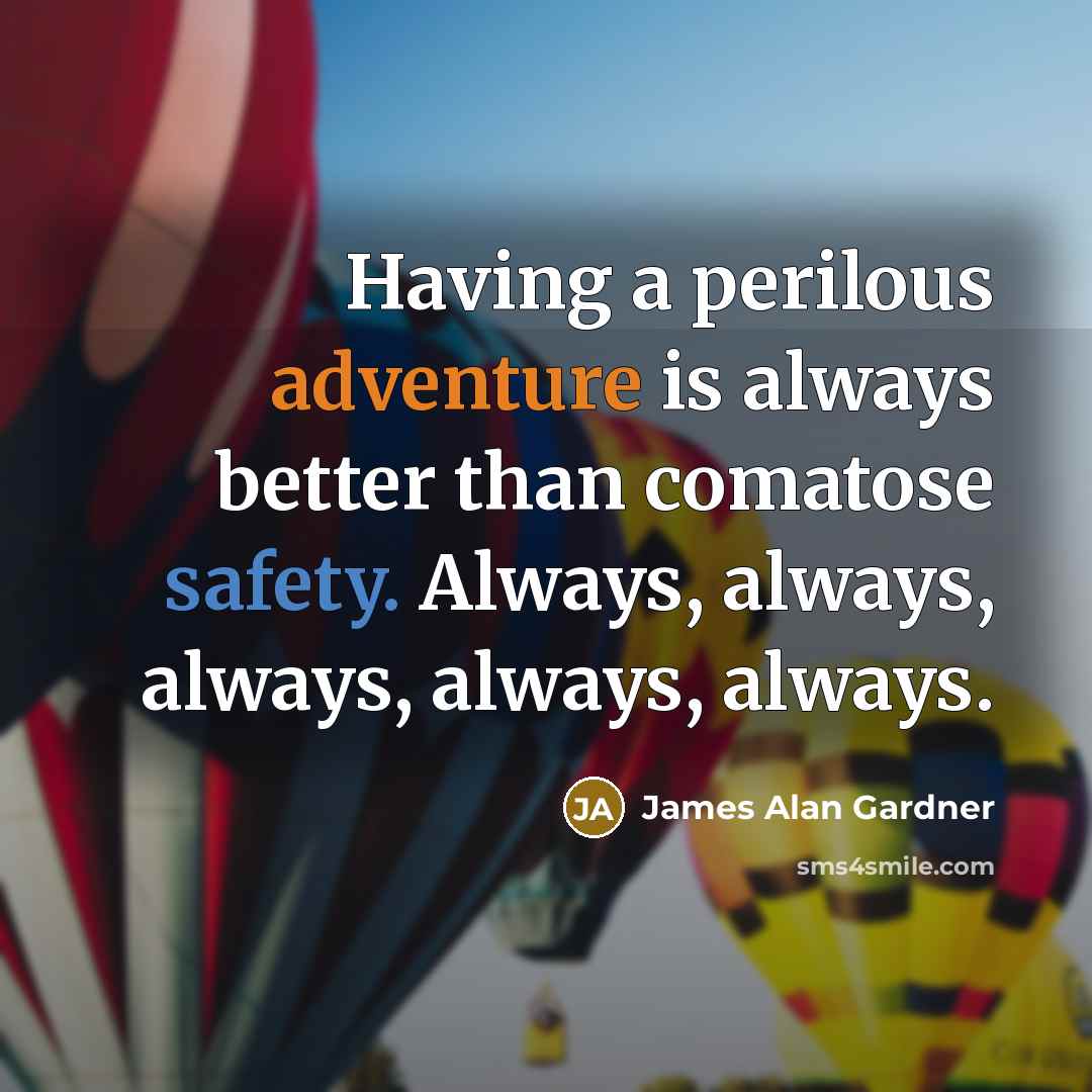 “Having a perilous adventure is always better than comatose safety. Always, always, always, always, always.” quote by James Alan Gardner