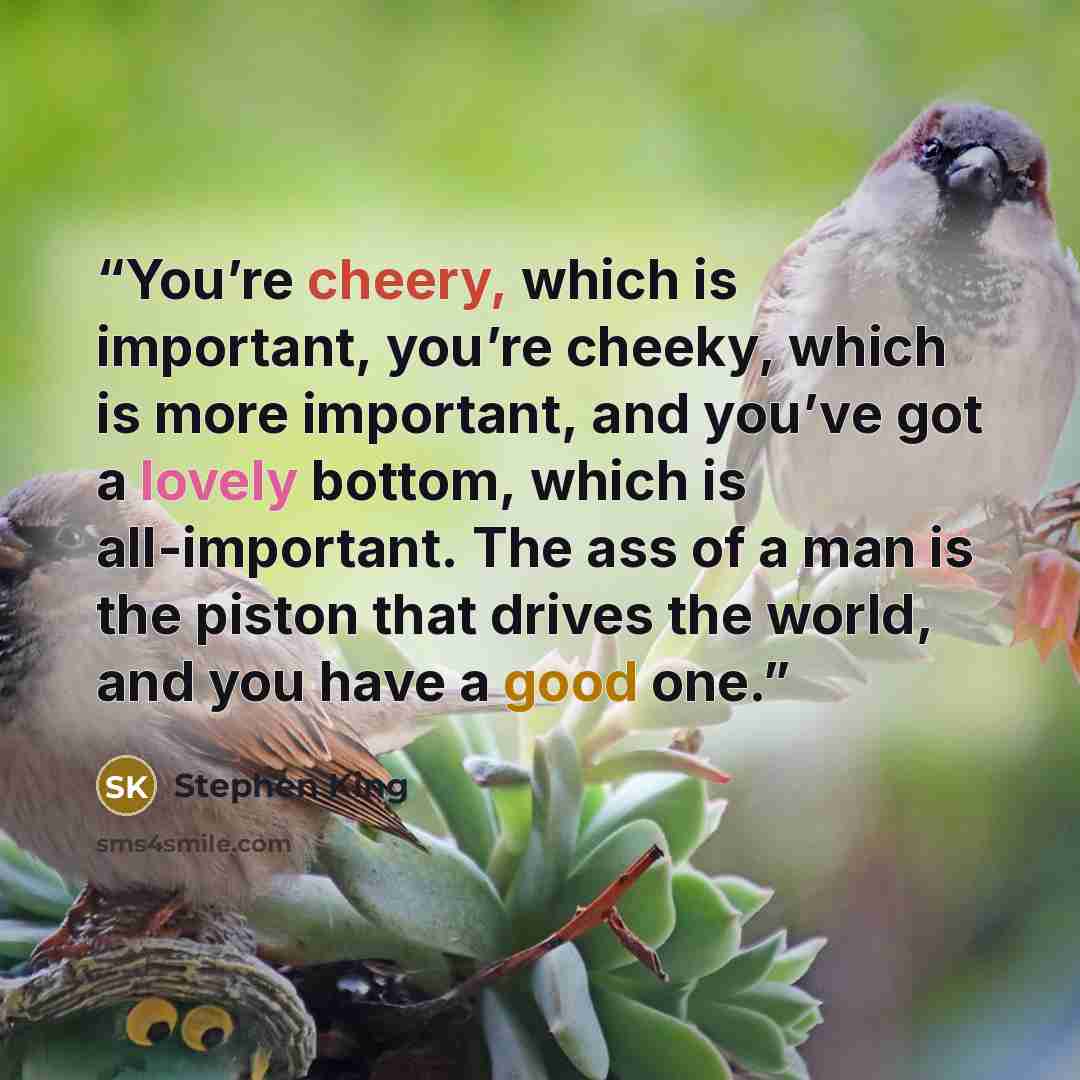 “You’re cheery, which is important, you’re cheeky, which is more important, and you’ve got a lovely bottom, which is all-important. The ass of a man is the piston that drives the world, and you have a good one.” quote by Stephen King