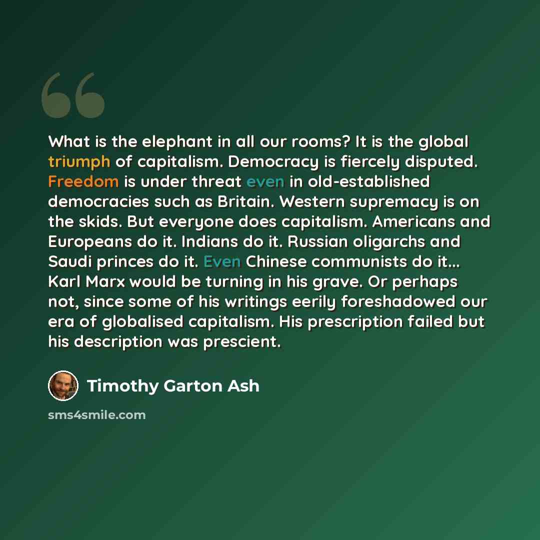 “What is the elephant in all our rooms? It is the global triumph of capitalism. Democracy is fiercely disputed. Freedom is under threat even in old-established democracies such as Britain. Western supremacy is on the skids. But everyone does capitalism. Americans and Europeans do it. Indians do it…” quote by Timothy Garton Ash
