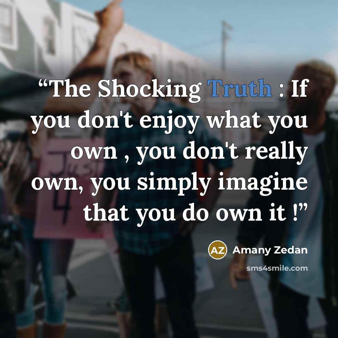 “The Shocking Truth : If you don't enjoy what you own , you don't really own, you simply imagine that you do own it !” quote by Amany Zedan