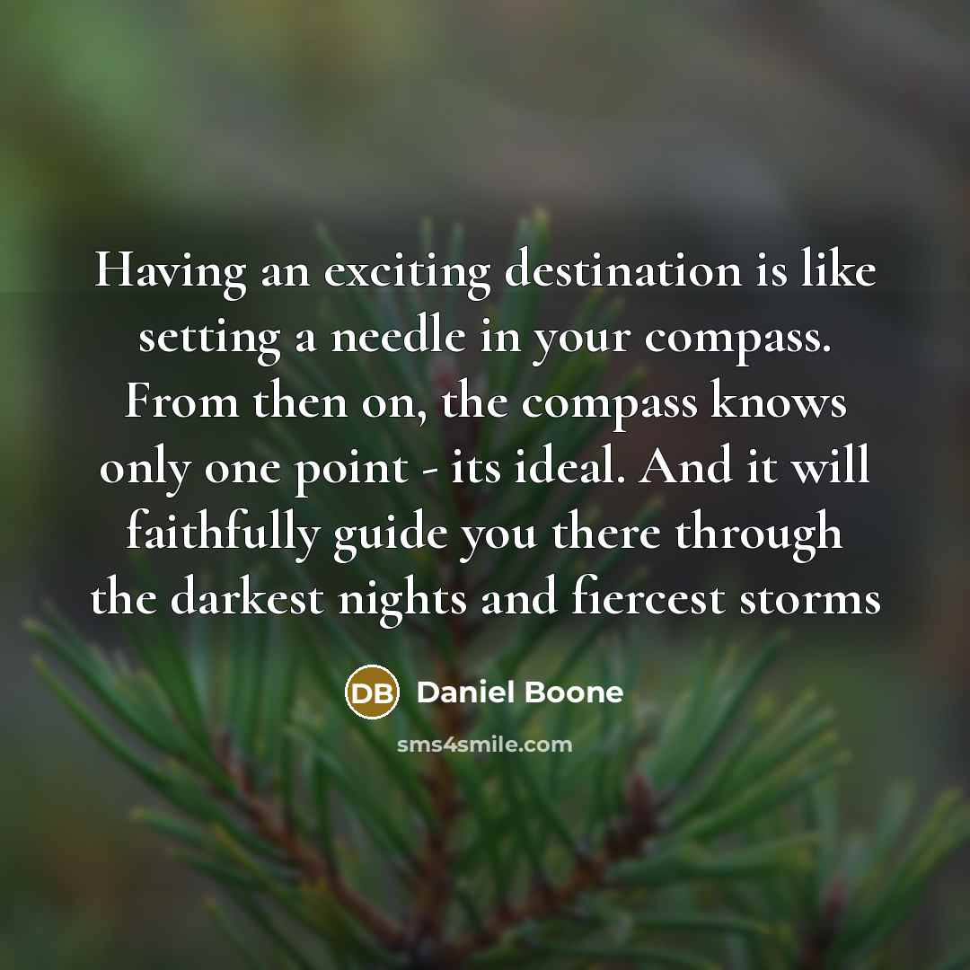 “Having an exciting destination is like setting a needle in your compass. From then on, the compass knows only one point - its ideal. And it will faithfully guide you there through the darkest nights and fiercest storms” quote by Daniel Boone