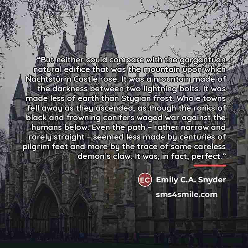 “But neither could compare with the gargantuan natural edifice that was the mountain upon which Nachtstürm Castle rose. It was a mountain made of the darkness between two lightning bolts. It was made less of earth than Stygian frost. Whole towns fell away as they ascended, as though the ranks of…” quote by Emily C.A. Snyder