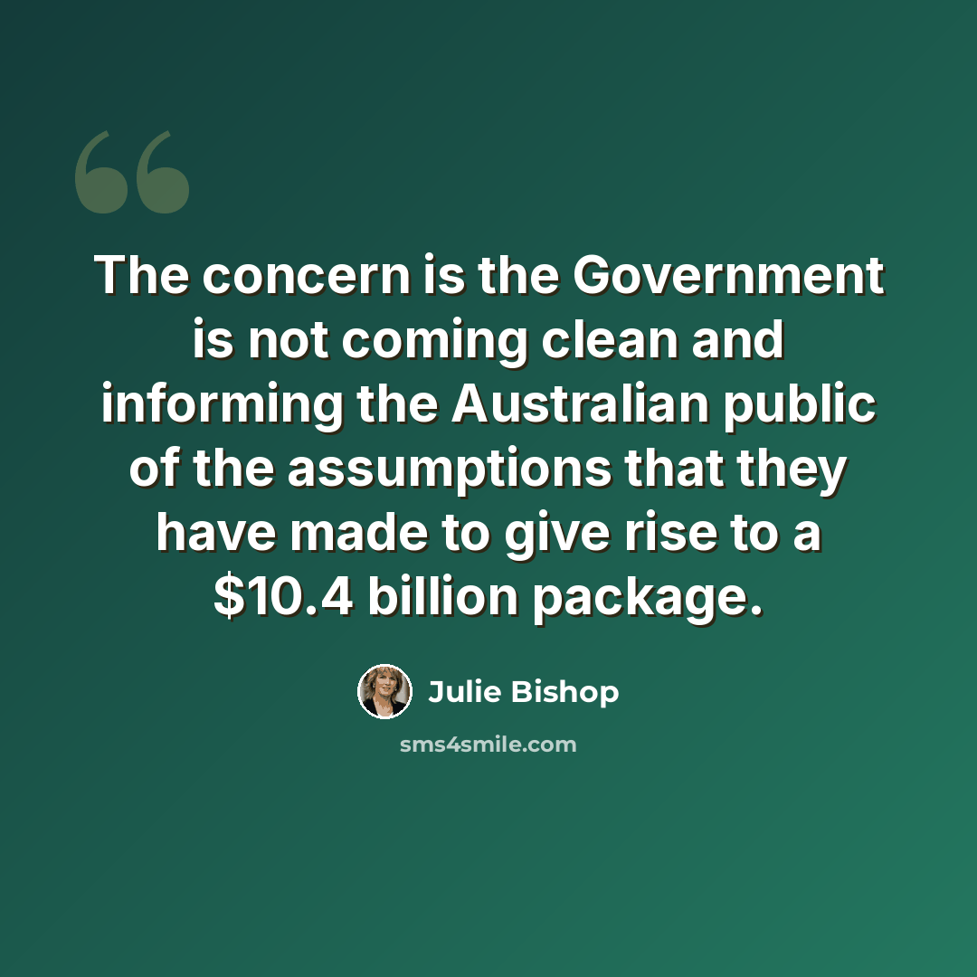 “The concern is the Government is not coming clean and informing the Australian public of the assumptions that they have made to give rise to a $10.4 billion package.” quote by Julie Bishop