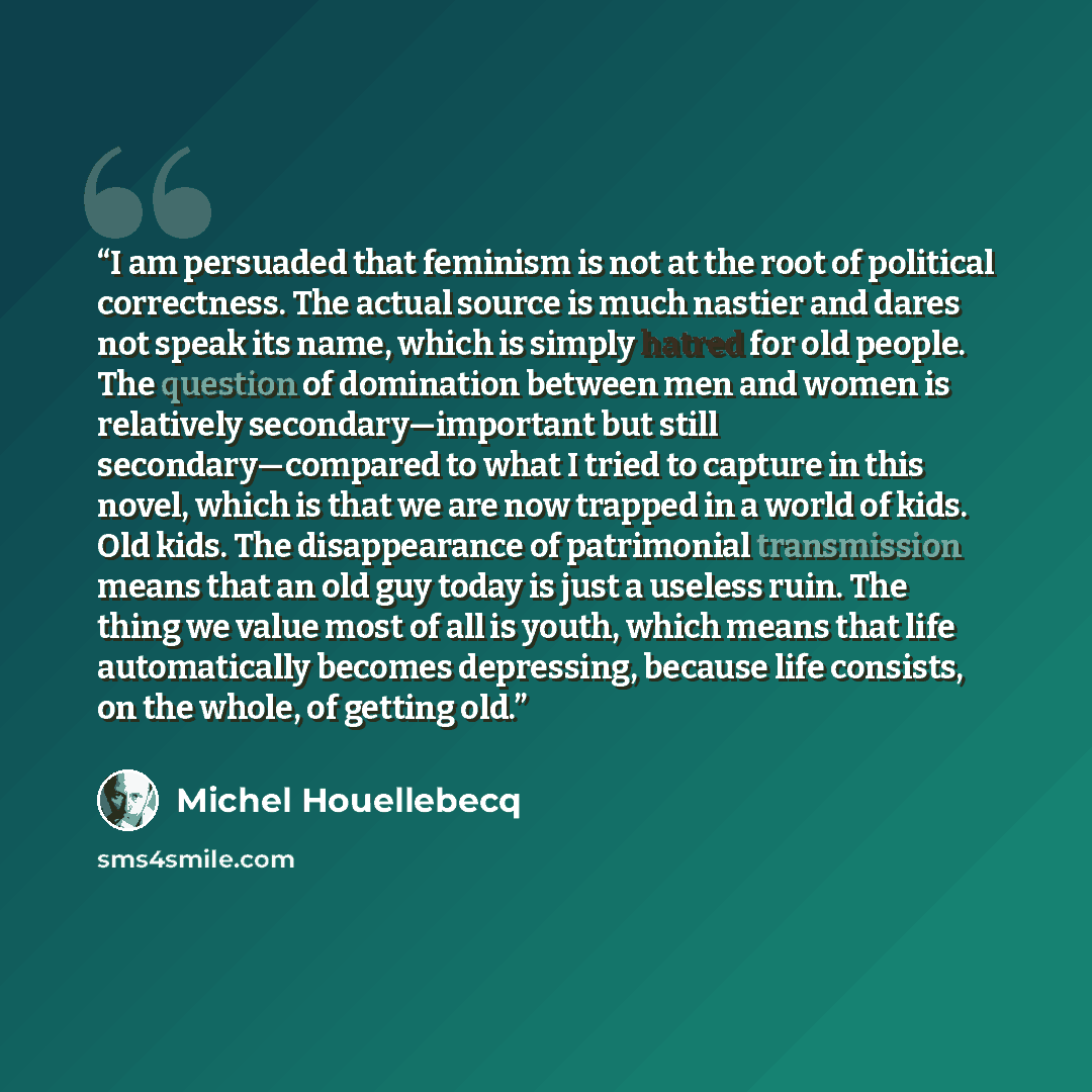 “I am persuaded that feminism is not at the root of political correctness. The actual source is much nastier and dares not speak its name, which is simply hatred for old people. The question of domination between men and women is relatively secondary—important but still secondary—compared to what I…” quote by Michel Houellebecq