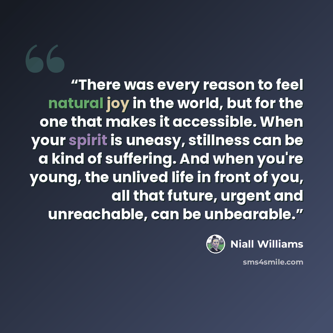 “There was every reason to feel natural joy in the world, but for the one that makes it accessible. When your spirit is uneasy, stillness can be a kind of suffering. And when you're young, the unlived life in front of you, all that future, urgent and unreachable, can be unbearable.” quote by Niall Williams