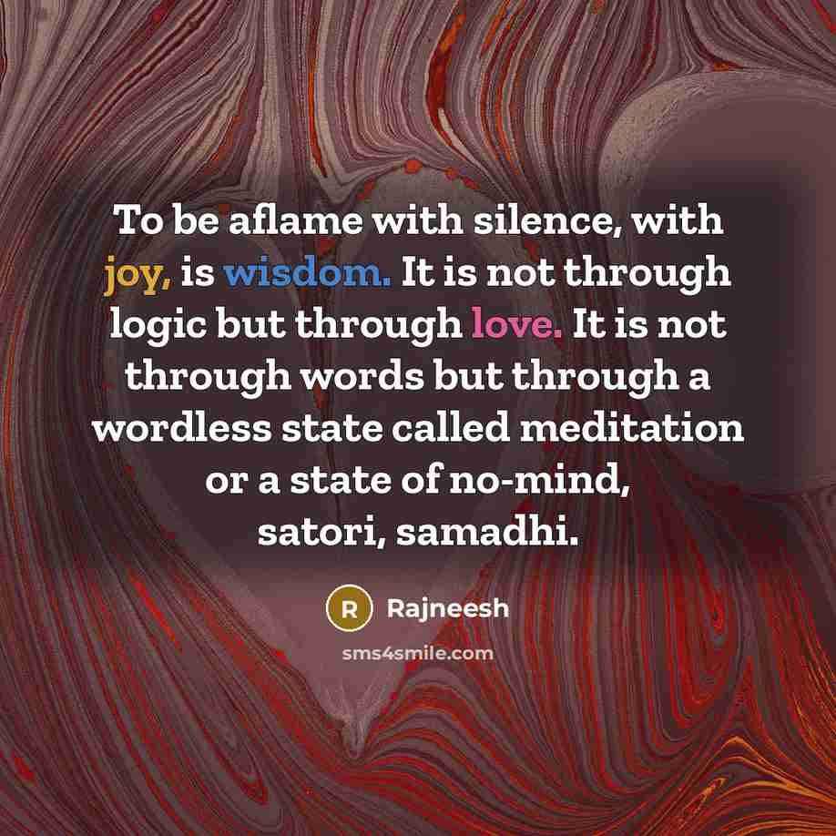 “To be aflame with silence, with joy, is wisdom. It is not through logic but through love. It is not through words but through a wordless state called meditation or a state of no-mind, satori, samadhi.” quote by Rajneesh